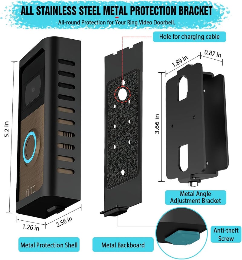 PUUUCI Store Anti-Theft Doorbell Mount with Adjustable Angle(45-135 Degrees),Upgraded Steel Metal Bracket for Ring Battery Video Doorbell 2/3/4/(2020 Release)/(2024 Release)/Plus/Pro Cover Holder Not Block Sensor - Image 3